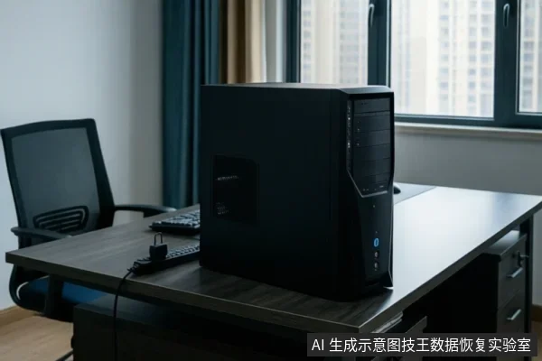 办公桌上放置一台黑色台式电脑主机,旁边有键盘和鼠标,背景为窗户和办公椅。