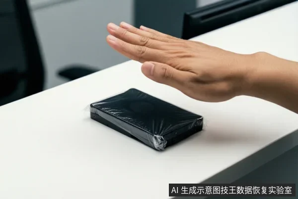 白色桌面上放着一块用透明塑料膜包裹的黑色移动硬盘,一只成年人的手掌悬停在硬盘上方,做出停止或拒绝的手势。