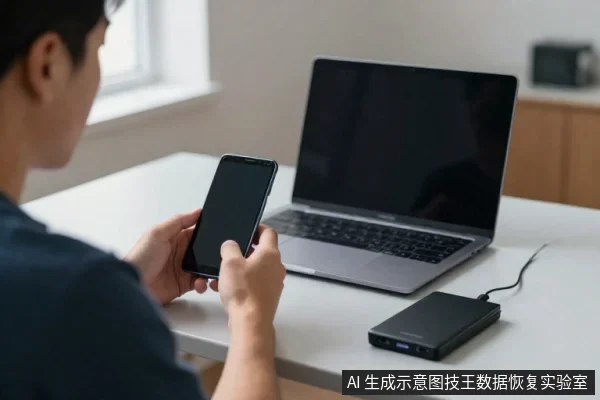 一名亚洲男性坐在桌前，双手持黑色智能手机，面前桌上放着一台打开的笔记本电脑和一个连接着线缆的黑色外置硬盘。