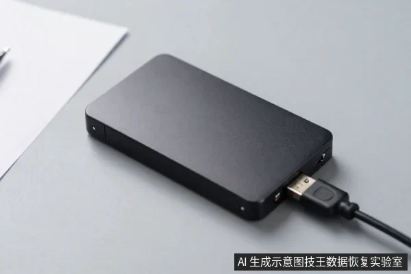 灰色桌面上放置一块黑色长方形外置硬盘,右侧插着USB数据线,左上角有白色纸张和笔。