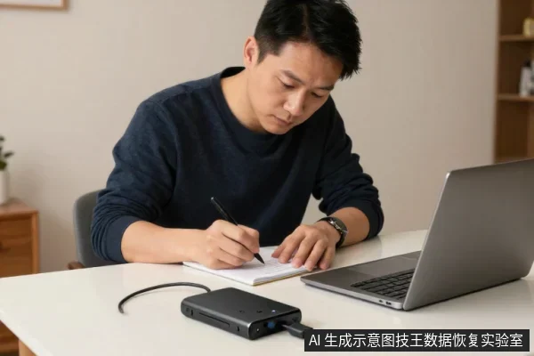 一名亚洲男子坐在白色桌前,右手持笔在笔记本上书写,旁边放着一台银色笔记本电脑和一个带线缆的黑色外置硬盘盒。