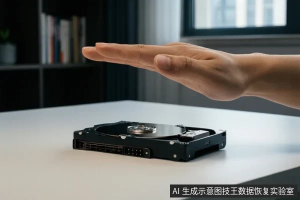 白色桌面上放置一块打开的机械硬盘,上方有一只手掌平伸悬停,做出停止或禁止触碰的手势。