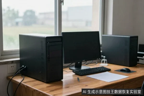 木桌上摆放着两台黑色台式电脑主机和一台黑色显示器,显示器前有键盘、鼠标和一张白纸,背景是窗户。