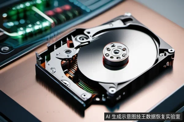 开盖的机械硬盘平放在金属台面上,圆形盘片、中心主轴电机与磁头臂清晰可见,左上角背景有一块绿色电路板。
