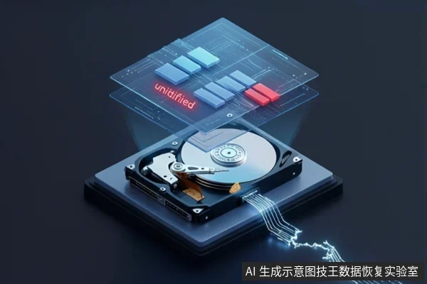一块打开的机械硬盘位于底座上,上方悬浮着半透明数据层,显示多个蓝色与红色区块及红色文字“uninitialized”,右侧有发光电路线条延伸。