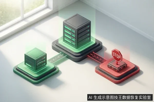 等距视角的3D示意图，展示三个设备节点：左侧和中间为绿色发光的硬盘/服务器设备，右侧为红色发光的设备，上方立有“STOP”标志，中间设备向右侧发出红色箭头。