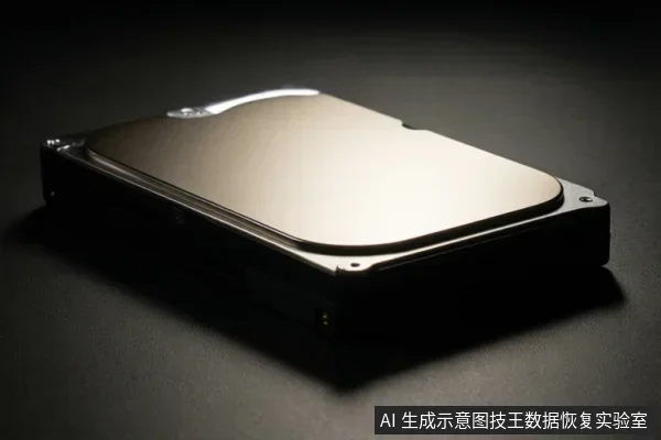 深色背景上放置一块裸露的机械硬盘,金属顶盖反光,侧面可见接口区域,无连接线缆或操作动作。