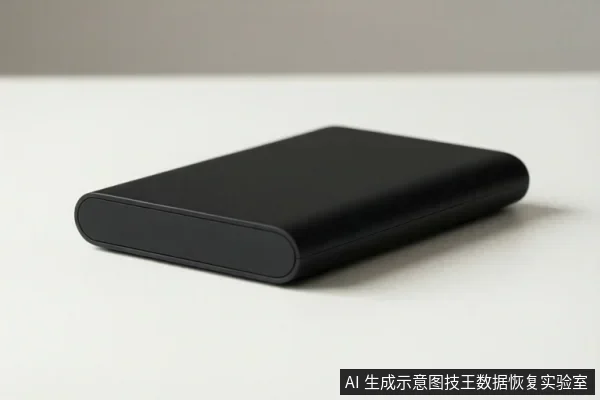 白色桌面上放置一个黑色长方形移动硬盘,表面光滑,无可见接口或文字。