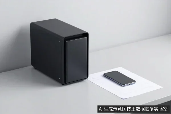 黑色方形设备放置在浅灰色桌面上,旁边有一张白纸和一部手机。