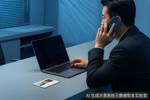 穿西装的亚洲男性坐在办公桌前，手持手机贴耳通话，另一只手放在笔记本电脑键盘上，桌面放有一张色卡。