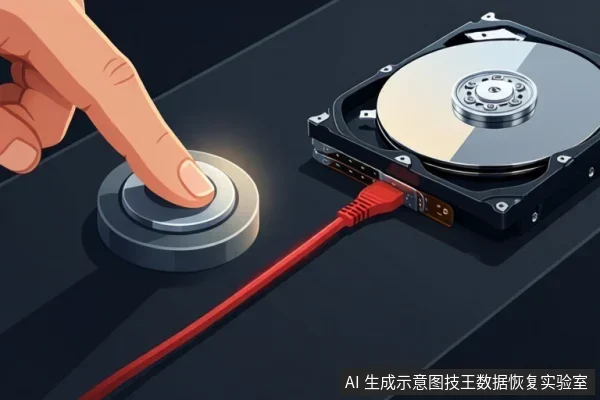 插画显示一只手指按压发光的圆形按钮,旁边是一块打开的机械硬盘,红色线缆连接至硬盘接口。