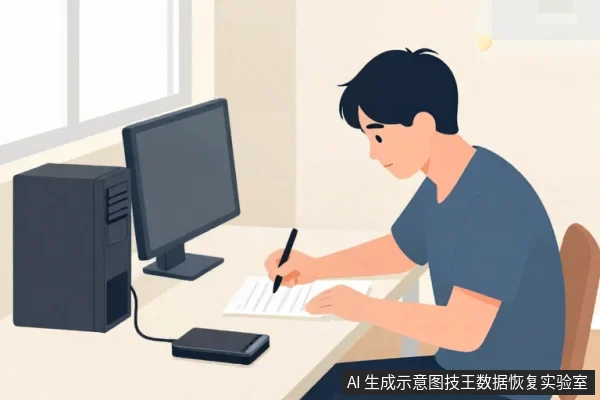 一名亚洲男性坐在桌前,用笔在纸上书写,桌上有一台电脑主机、显示器和一个黑色外置硬盘盒。