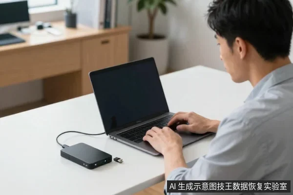 一名男子坐在白色桌前使用笔记本电脑,桌面左侧放着一块黑色外置硬盘和一枚U盘,硬盘通过线缆连接电脑。