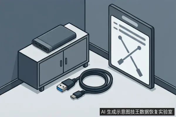 灰色矮柜上放着一块带USB-C接口的外置移动硬盘,前方桌面盘绕一根USB-A转USB-C数据线,右侧立屏显示插头连接链示意图。