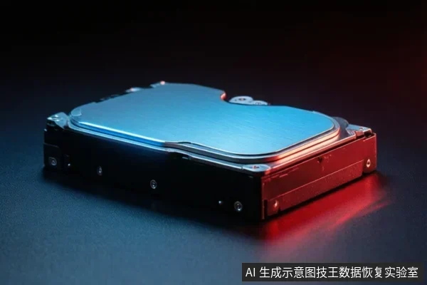 一块机械硬盘平放在深色桌面上,金属顶盖在蓝红双色灯光下反光,侧面可见接口区域,无文字。