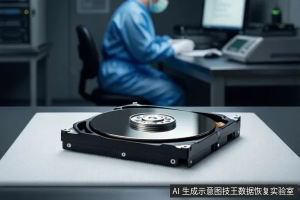 前景桌面上放置一块打开外壳的机械硬盘,可见盘片与中心主轴;背景虚化处有一名穿蓝色防护服的人员坐在电脑前操作。