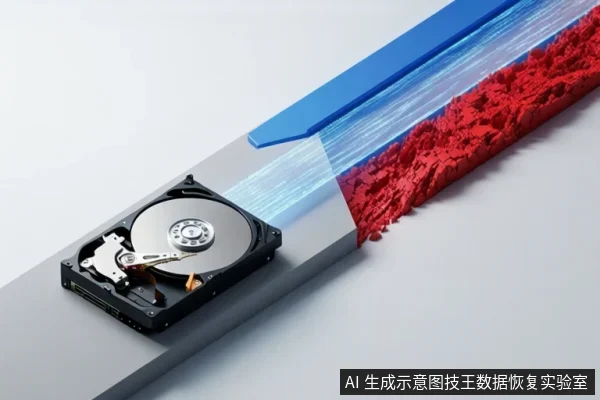 一块打开外壳的机械硬盘放在灰色斜面上,盘片与磁头臂完整;硬盘后方延伸出蓝色与红色抽象条带,红色部分呈碎裂纹理。