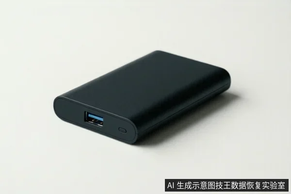 画面中展示了一个黑色的移动硬盘，其侧面可见一个蓝色的USB接口和一个电源按钮，背景为纯白色。