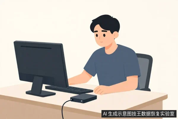 一名亚洲年轻男子坐在桌前,面对黑色显示器操作键盘,桌面放有黑色外置存储设备并连着一根黑色数据线。
