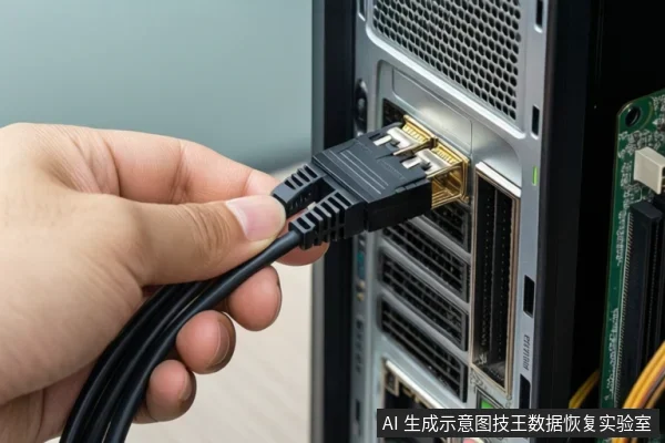 一只手正将一根黑色SATA数据线的接头插入电脑机箱背部的SATA接口,机箱内部可见硬盘托架和主板边缘。