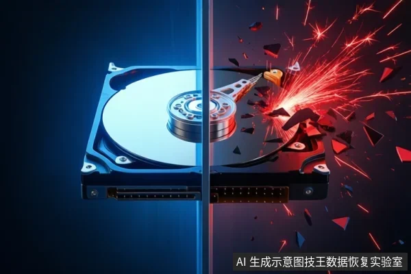 画面左右分割,左侧为蓝色背景下的完整机械硬盘,右侧为红色背景下的硬盘盘片碎裂、火花飞溅的故障场景。
