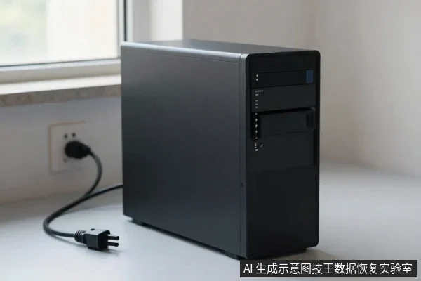 一台黑色台式电脑主机放置在白色桌面上，电源线插头未连接插座，散落在旁。