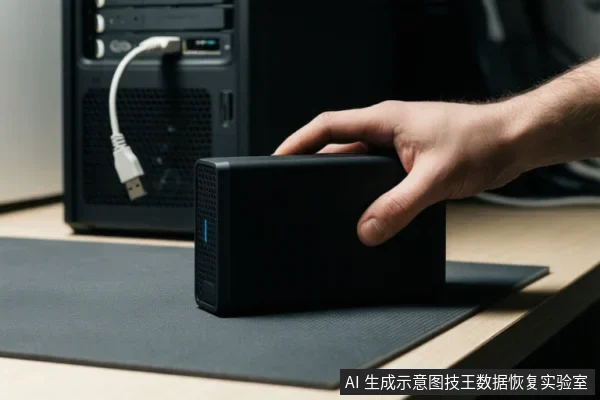 一只手正将一个黑色外置存储设备放置在桌面的黑色垫子上,背景可见一台台式电脑主机和一根USB数据线。
