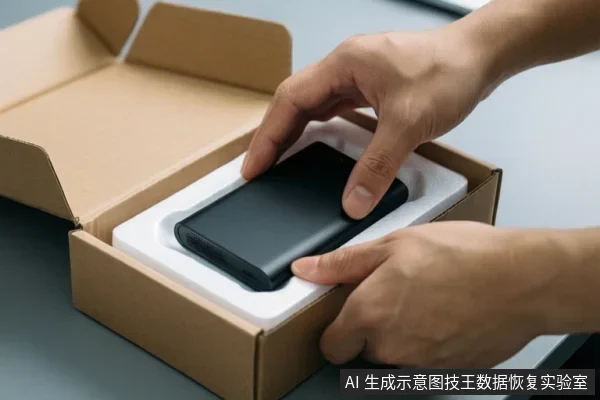 双手正在打开一个瓦楞纸箱，箱内白色泡沫中放置着一块黑色移动硬盘。
