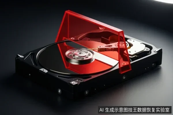 An open hard disk drive with platters and actuator arm visible under a red translucent cover.