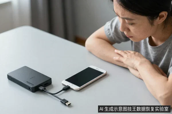 一名亚洲成年人坐在桌边,面前放着一台黑色移动硬盘和一部白色手机,两者通过数据线连接,人物低头注视设备。