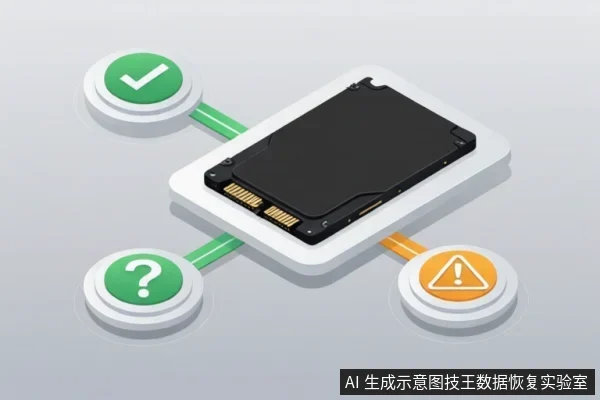 白色背景上放置一块黑色固态硬盘,周围连接三个圆形状态图标:绿色对勾、绿色问号和橙色警告,示意设备识别与故障状态。