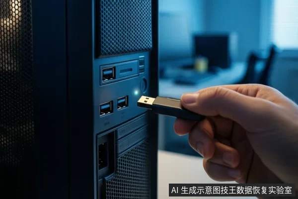一只手正将黑色U盘插入台式电脑机箱后置面板的USB接口,旁边可见多个USB端口和指示灯。