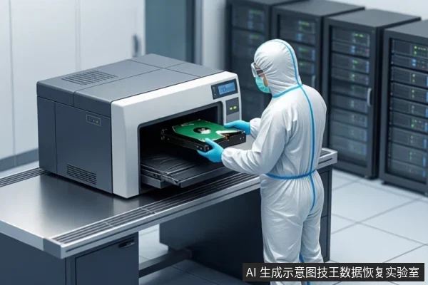 穿无尘服的人员在机房环境中,将一块机械硬盘放入台式检测设备的插槽内。