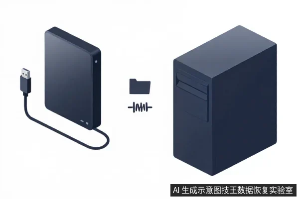 一个深色外置硬盘通过USB线连接,旁边是台式电脑主机和文件夹、数据线图标。