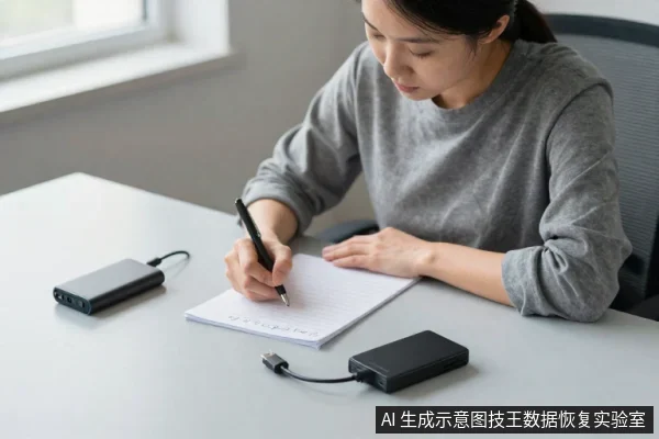 一名亚洲女性坐在桌前,用笔在笔记本上书写,桌面左侧放着一个带线缆的黑色移动硬盘,右侧放着另一个带线缆的黑色移动硬盘。