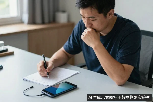 一名亚洲男子坐在桌前,右手握笔在笔记本上书写,左手托着下巴思考,桌上放着一部连接数据线的手机。
