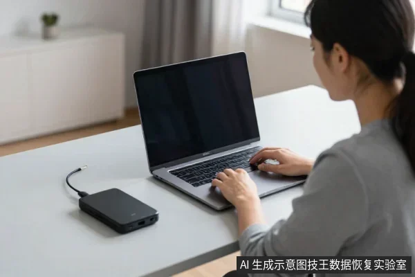 一名亚洲女性坐在桌前使用笔记本电脑，桌面左侧放着一块黑色外置硬盘，硬盘通过线缆连接。