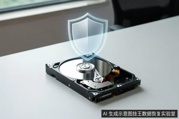 白色桌面上放置一块打开的机械硬盘，上方悬浮半透明盾牌图标，背景为模糊的窗户和办公椅。