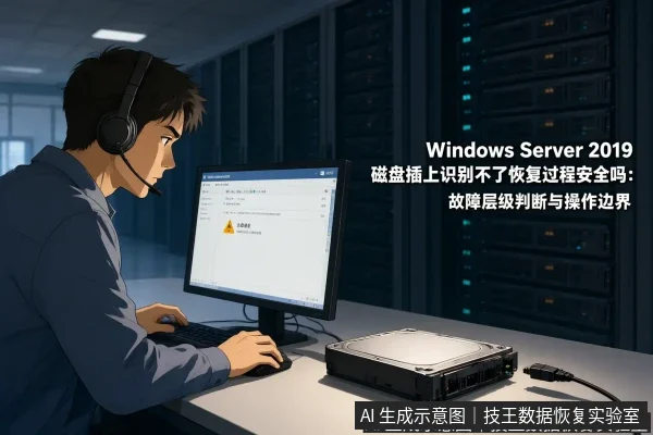 文章内容场景示意图:Windows Server 2019磁盘插上识别不了恢复过程安全吗:故障层级判断与操作边界