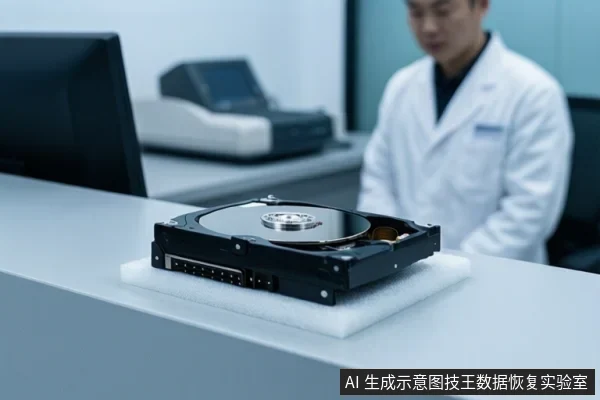 实验室桌面上放置一块打开的机械硬盘,背景有一名穿白大褂的亚洲成年技术人员。