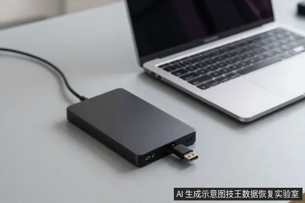灰色桌面上放着一台银色笔记本电脑和一个黑色外置移动硬盘,硬盘通过黑色数据线连接,侧面插着一个USB插头。