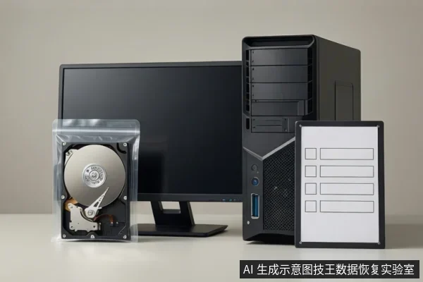 桌面上摆放着黑色显示器、台式电脑主机、装在防静电袋中的开盖机械硬盘，以及一个带有空白表格的白板。