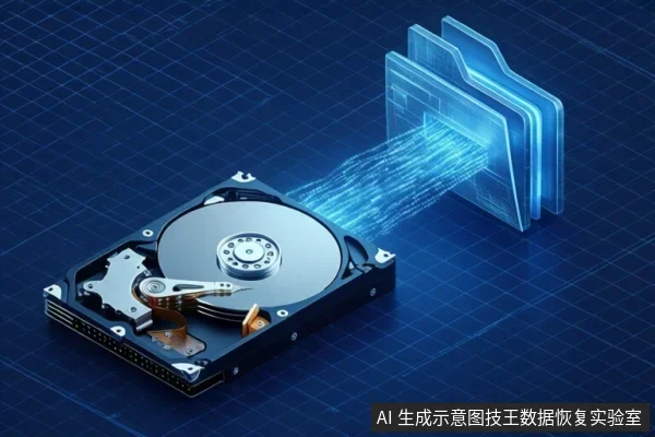 蓝色网格背景上,一块打开的机械硬盘通过蓝色数据流连接到右侧的文件夹图标,示意数据读取或镜像过程。