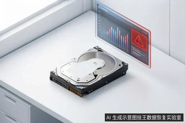 白色桌面上放置一块打开顶盖的机械硬盘,旁边悬浮一块显示柱状图和红色警告图标的半透明屏幕。