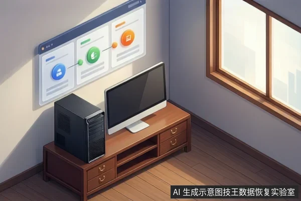 木柜上并排放置黑色台式电脑主机与一台黑屏显示器,墙面上悬浮一块带蓝绿橙圆形图标和连线的流程界面,右侧是木框窗户,画面中无人员。