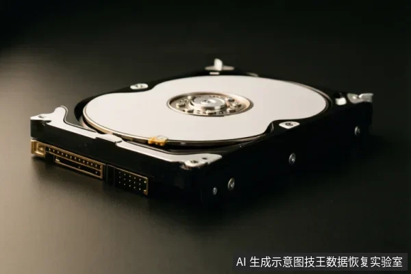 黑色背景上放置一块打开外壳的机械硬盘，可见金属盘片、中心主轴和侧面接口，无操作动作。