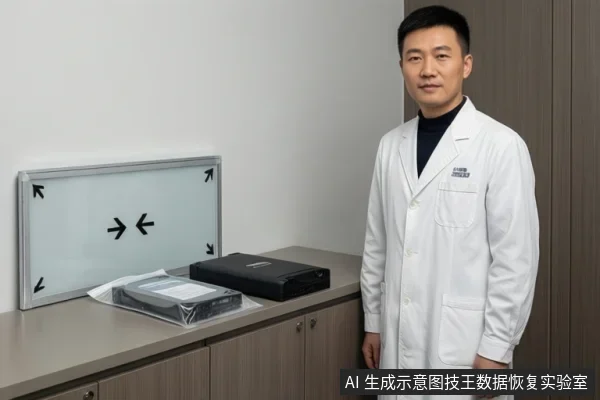 穿白大褂的亚洲成年男子站在桌旁,桌上放着防静电袋装的硬盘、黑色外置硬盘盒和一块带黑色箭头的示意板。