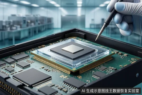 无尘室环境中，一只戴手套的手持探针工具，正在对一块安装在电路板上的大型芯片进行点触或检测操作。