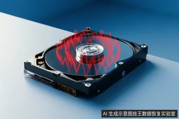 一块裸露的机械硬盘平放在浅色台面上,盘片上方叠加红色波形线条,示意异响或振动。