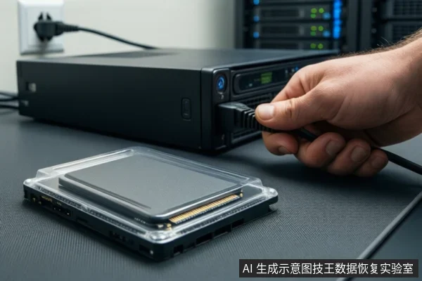 桌面上有一块透明外壳的固态硬盘,旁边是一台黑色主机,一只手正将数据线插入主机接口,背景可见机架设备。